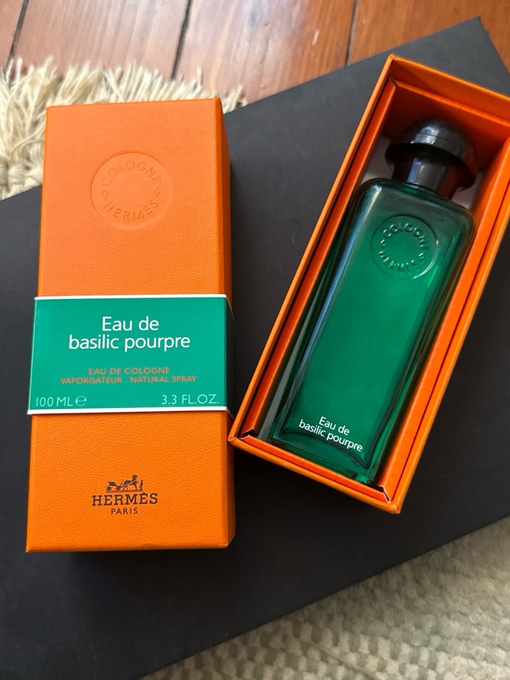Hermes Eau de Basilic Pourpre Green Bottle with Orange Box
